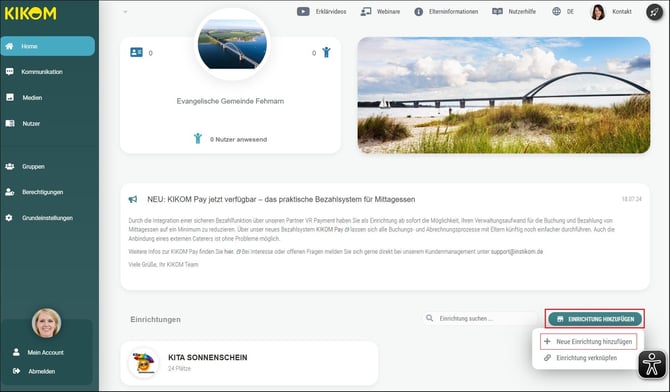 1 Einrichtung hinzufügen